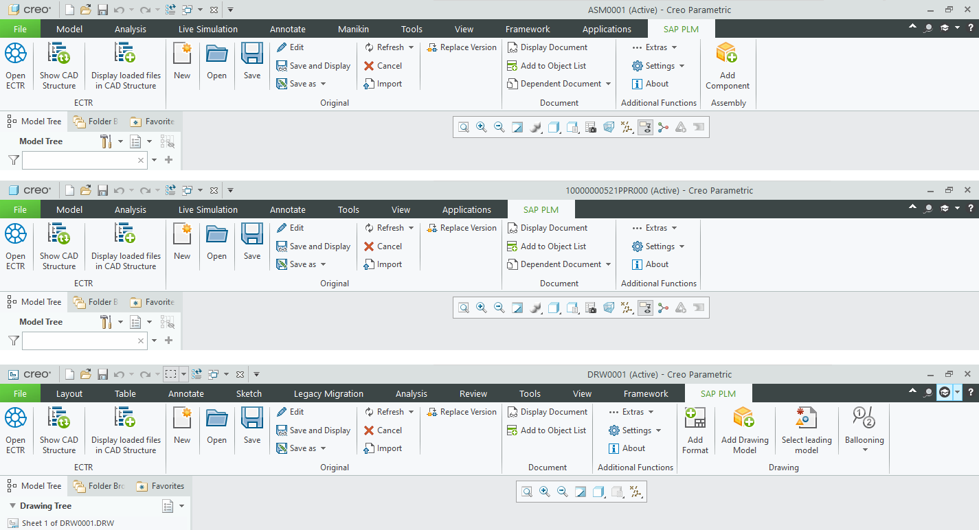 Screenshots des SAP PLM Registers in PTC Creo Parametric am Beispiel verschiedener CAD-Objekte