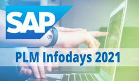 Hände, die auf einen Monitor zeigen, das SAP Logo und der Schriftzug PLM Infodays 2021