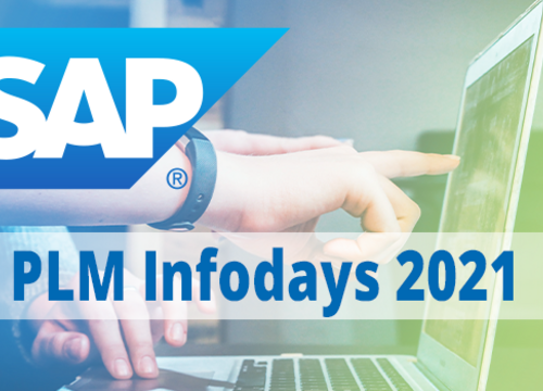Hands that point to a monitor, the SAP logo and lettering saying PLM Infodays 2021
