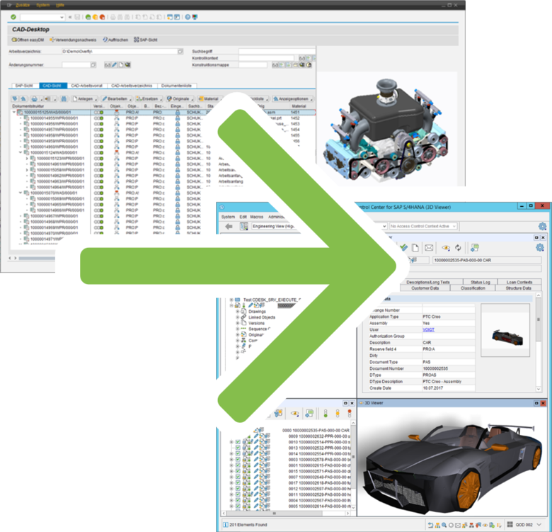 Screenshot von SAP CAD Destop und SAP Engineerging Control Center im Vergleich