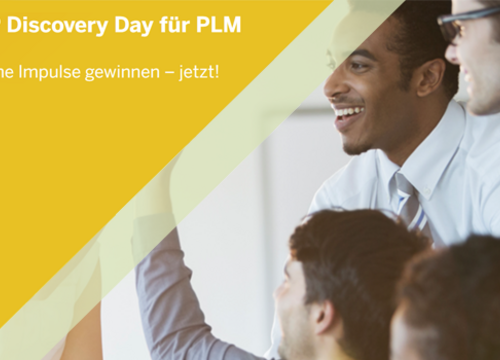 Vier Männer, die sich unterhalten, gelber Vordergrund mit Text "SAP Discovery Day für PLM - Frische Impulse gewinnen, jetzt!"