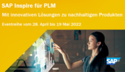 Frau berührt Bildschirm, gelber Vordergrund mit Text SAP Inspire für PLM
