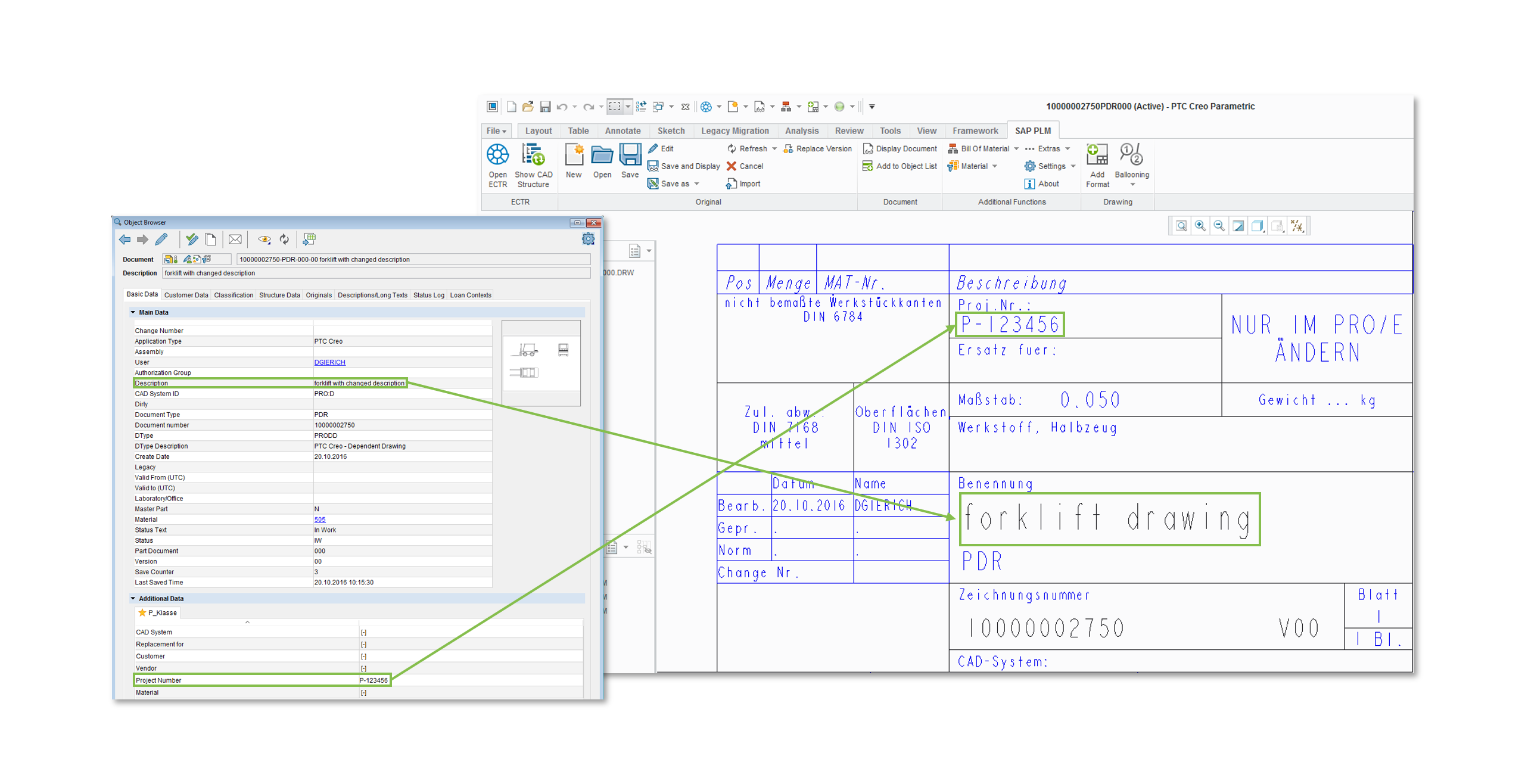 Screenshot der Synchronisation von aktualisierten SAP Informationen in die Zeichnung