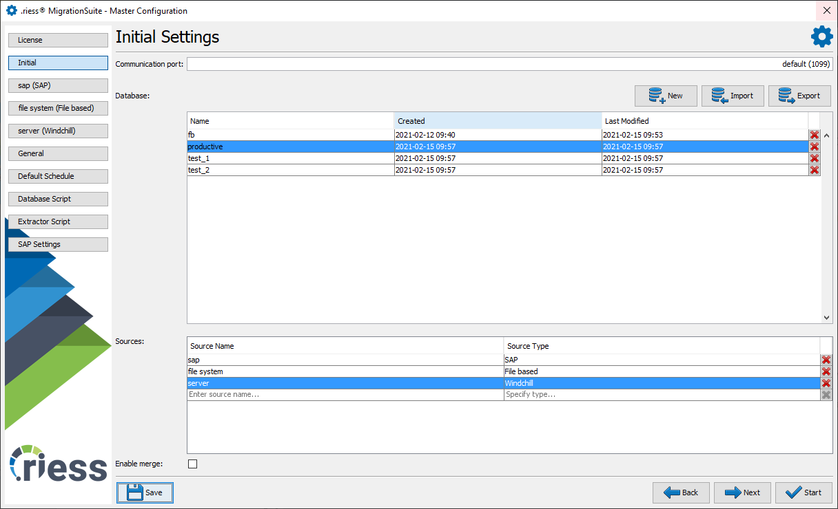 Screenshot configuration dialog of the master in the MigrationSuite