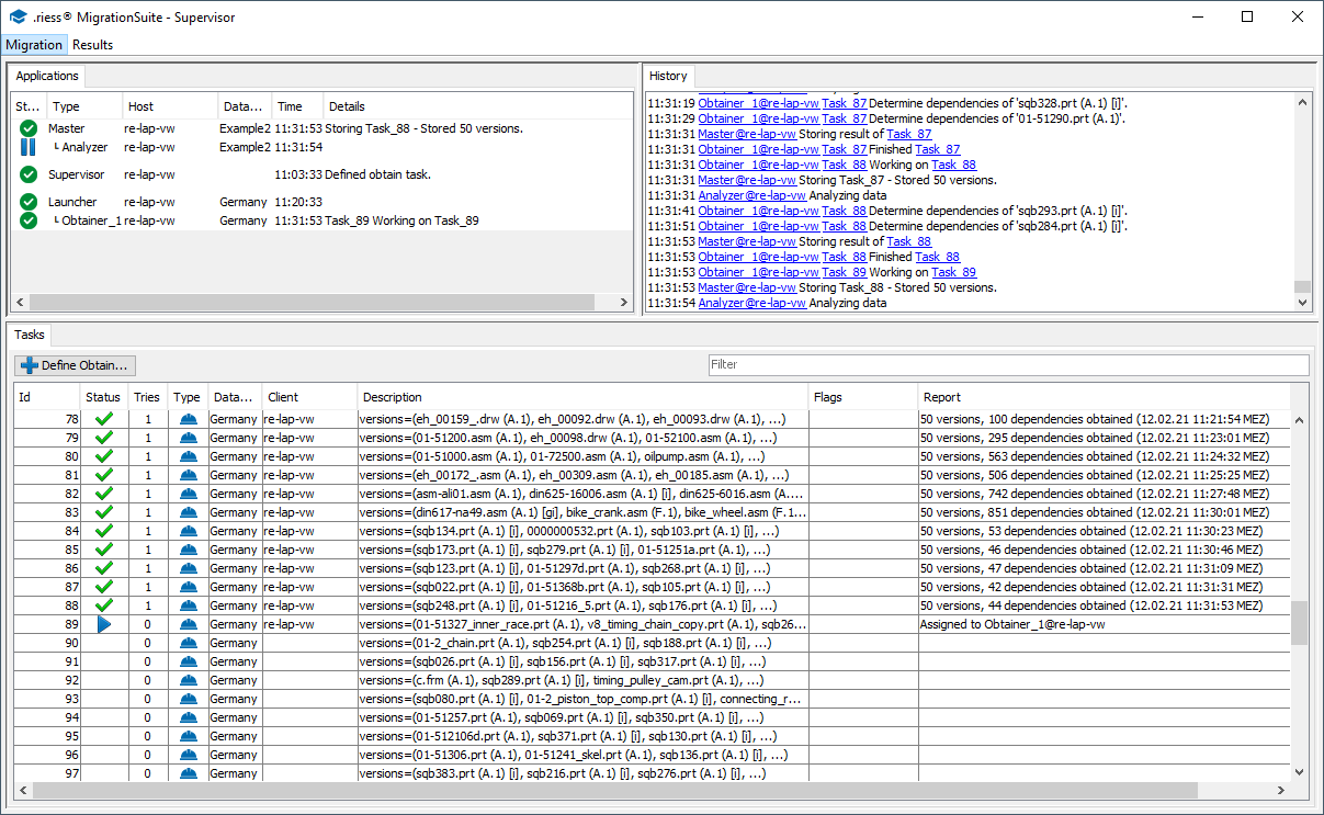 Screenshot Übersicht der laufenden Komponenten und Bearbeitungsstand der Tasks