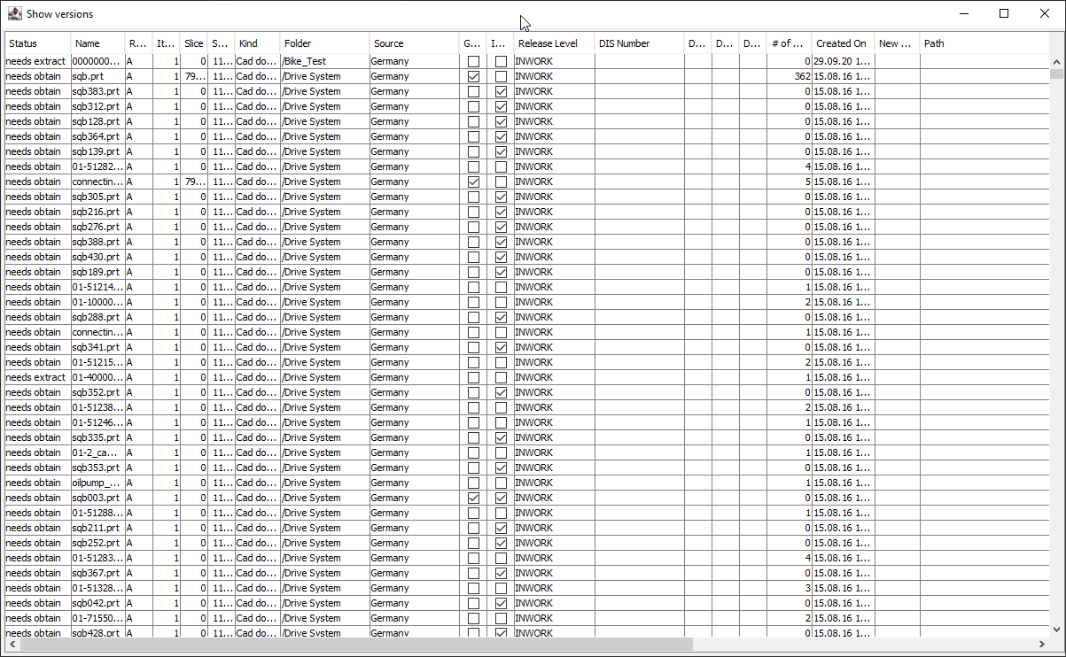 Screenshot list of data and their status
