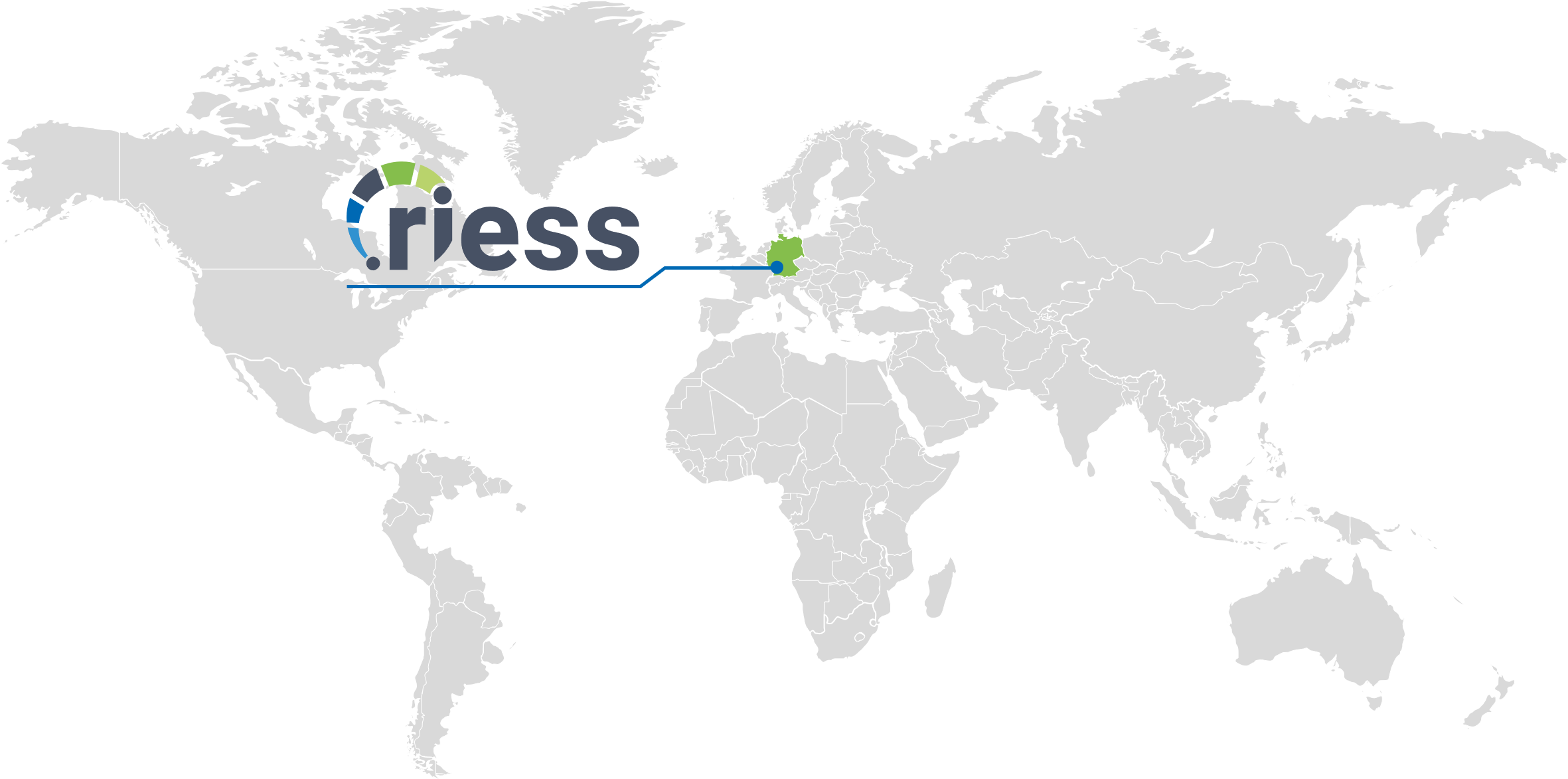 Weltkarte mit .riess Logo das auf den Standort in Deutschland zeigt